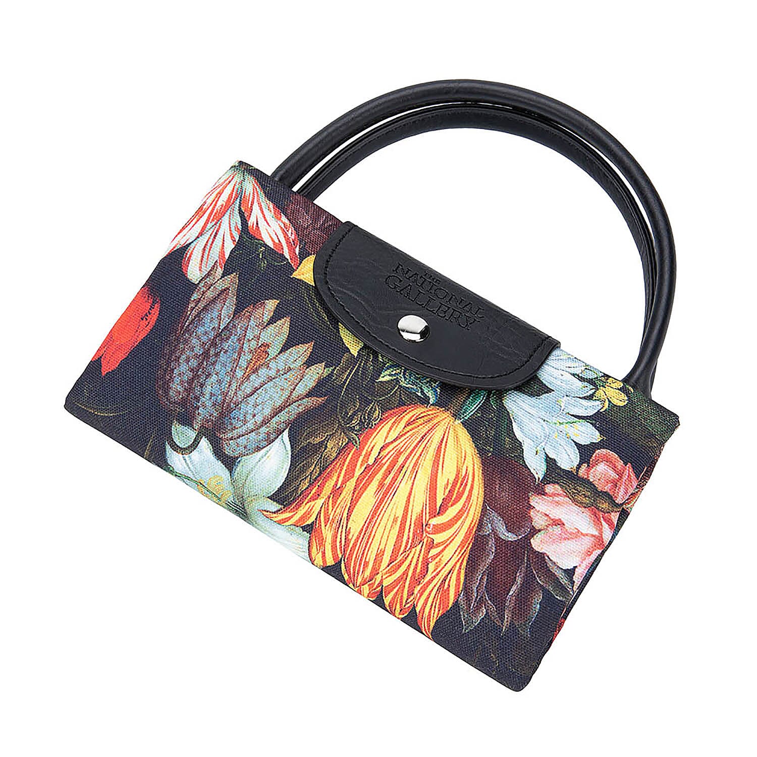 Signare Tapestry Bosschaert Art A Still Life of Flowers In A Van-Li Vase Foldaway Gusset Bag in Black