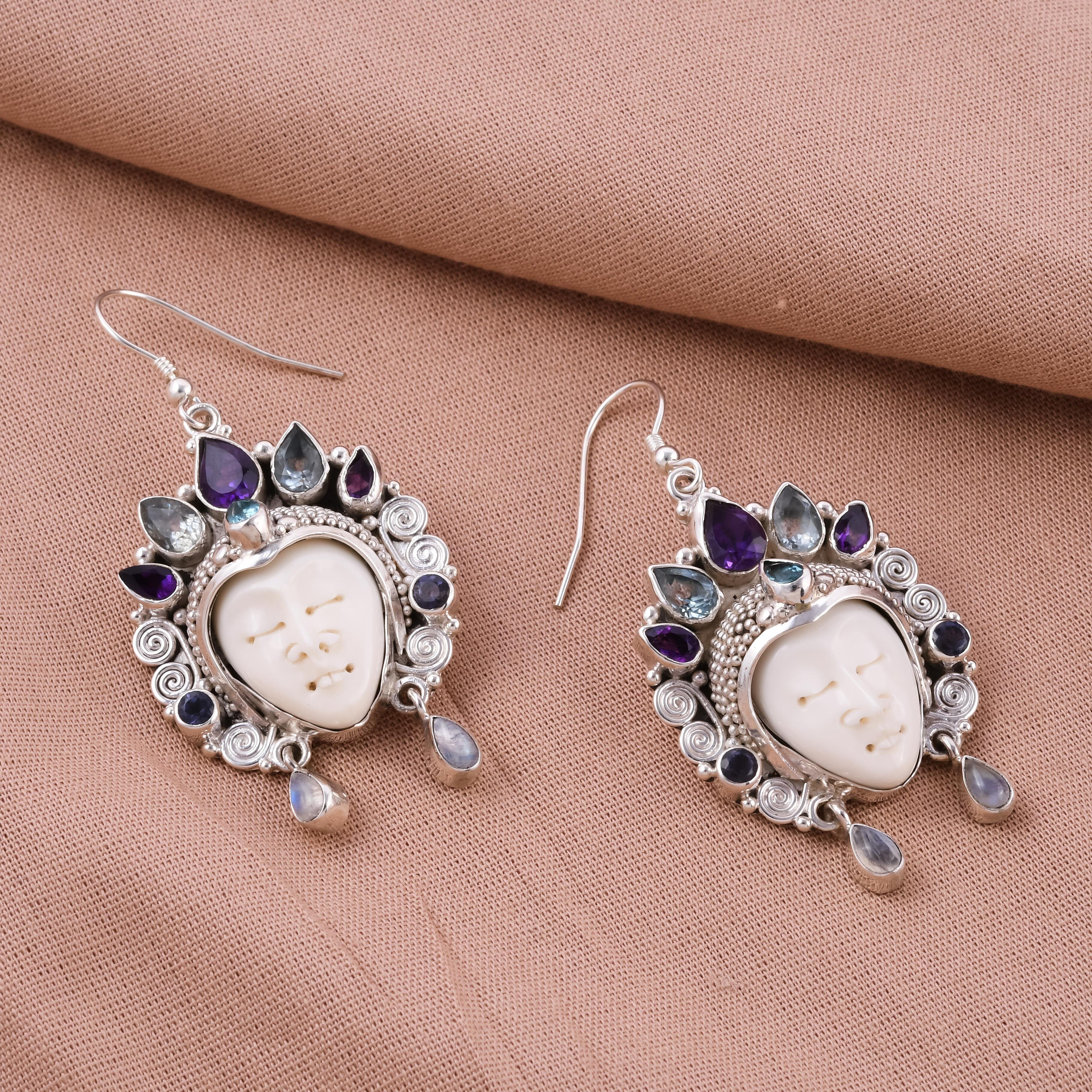 Sajen Silver BALI GODDESS COLLECTION - OX Bone Carved Face, Amethyst and Multi Gemstone Earrings in Sterling Silver 8.64 Ct, Silver Wt. 16.34 Gms