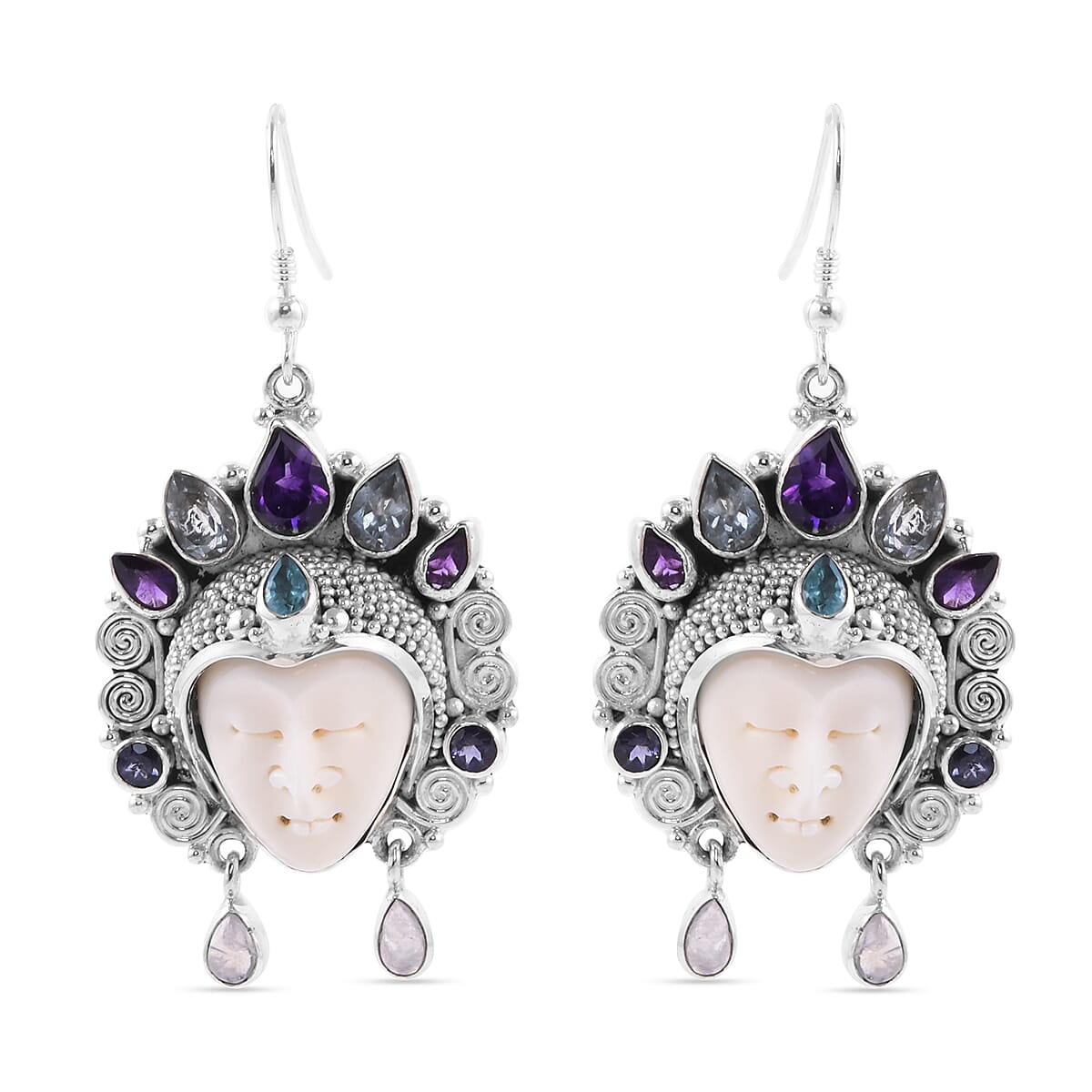 Sajen Silver BALI GODDESS COLLECTION - OX Bone Carved Face, Amethyst and Multi Gemstone Earrings in Sterling Silver 8.64 Ct, Silver Wt. 16.34 Gms