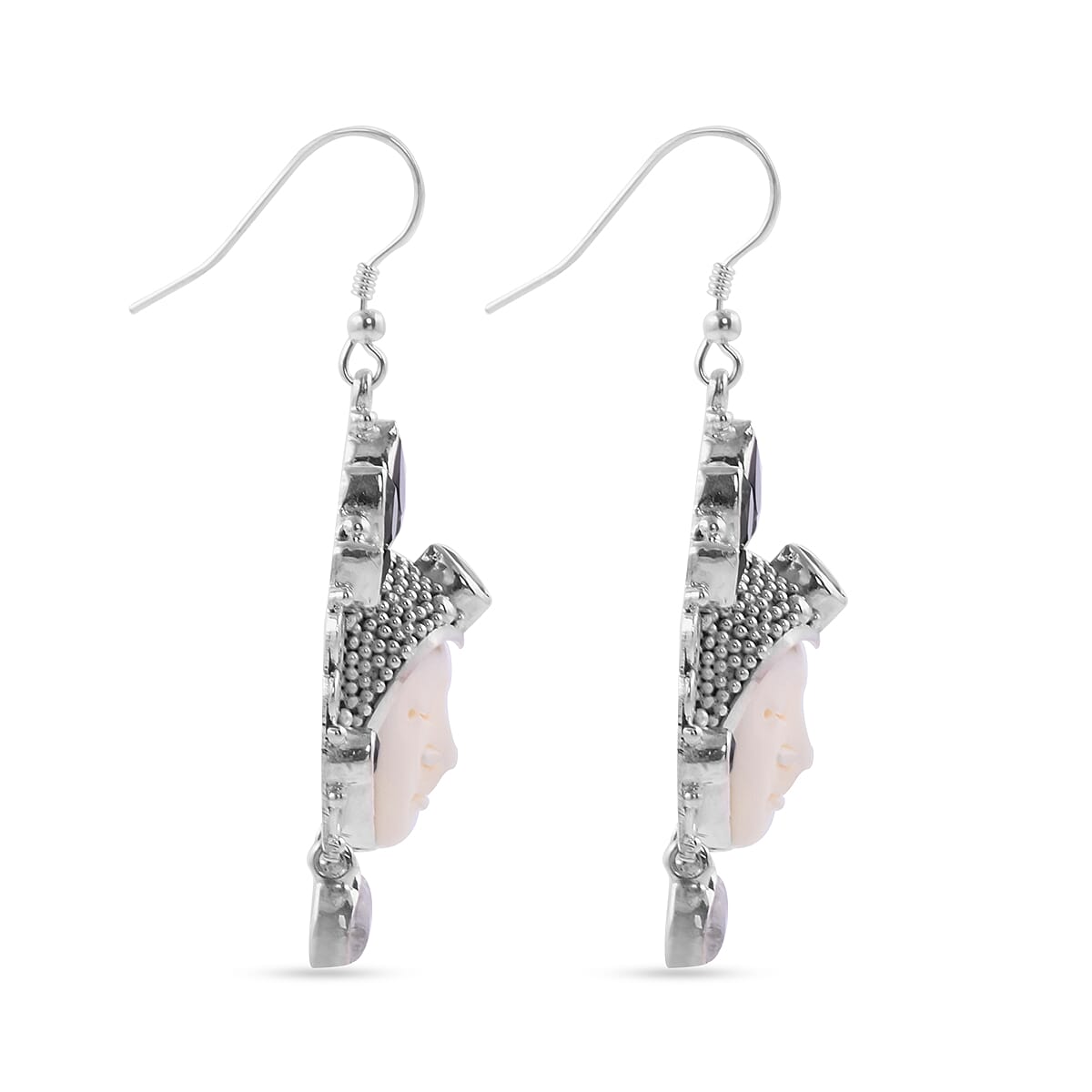 Sajen Silver BALI GODDESS COLLECTION - OX Bone Carved Face, Amethyst and Multi Gemstone Earrings in Sterling Silver 8.64 Ct, Silver Wt. 16.34 Gms