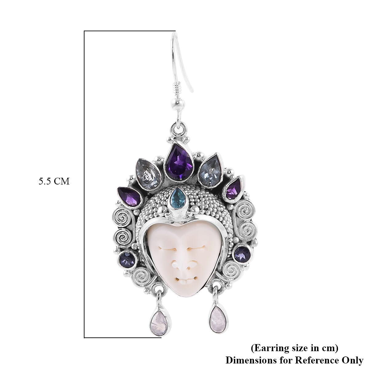 Sajen Silver BALI GODDESS COLLECTION - OX Bone Carved Face, Amethyst and Multi Gemstone Earrings in Sterling Silver 8.64 Ct, Silver Wt. 16.34 Gms