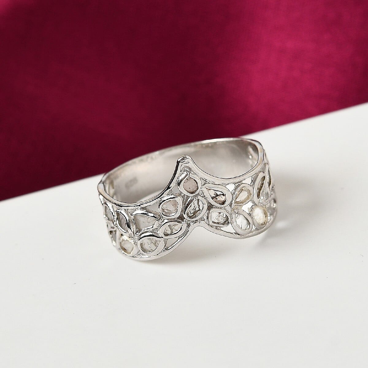 Artisan Crafted Polki Diamond Ring in Platinum Overlay Sterling Silver 1.00