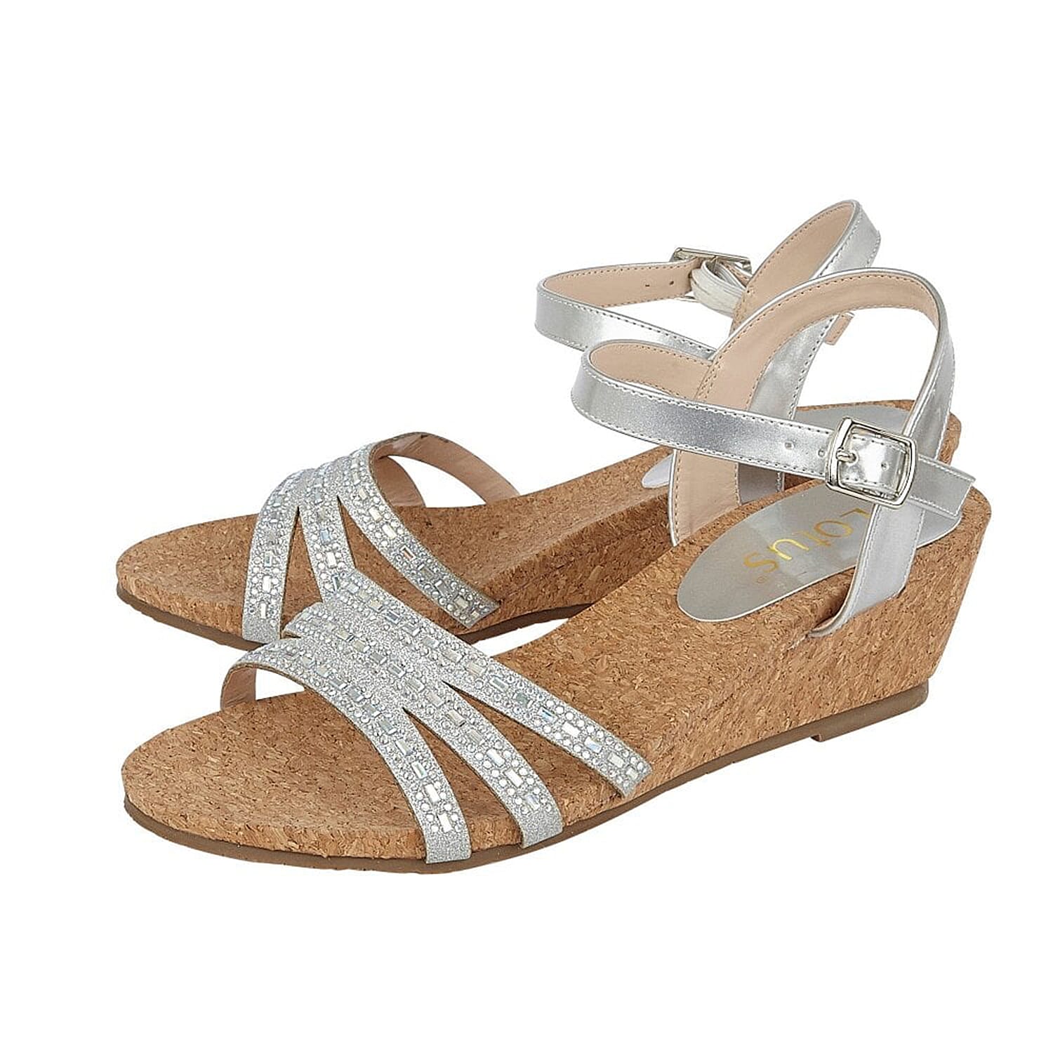 Lotus Mandy Womens Silver Strappy Wedge Sandals (Size 8)