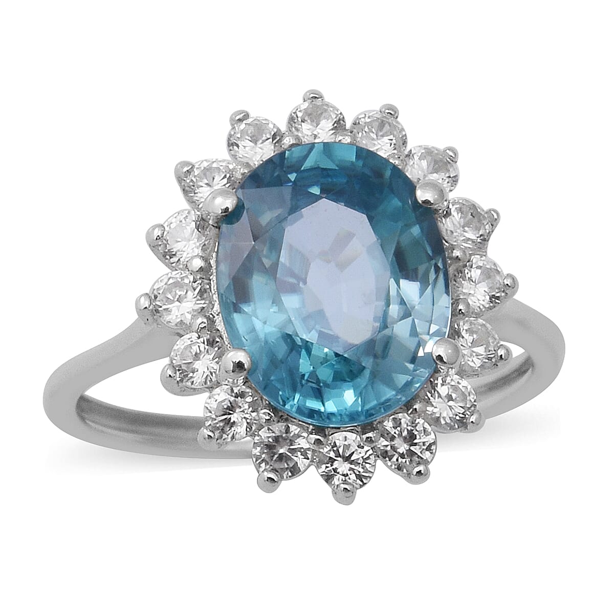 9K White Gold Ratanakiri Blue Zircon and Natural White Zircon Floral Halo Ring 5.00 Ct.