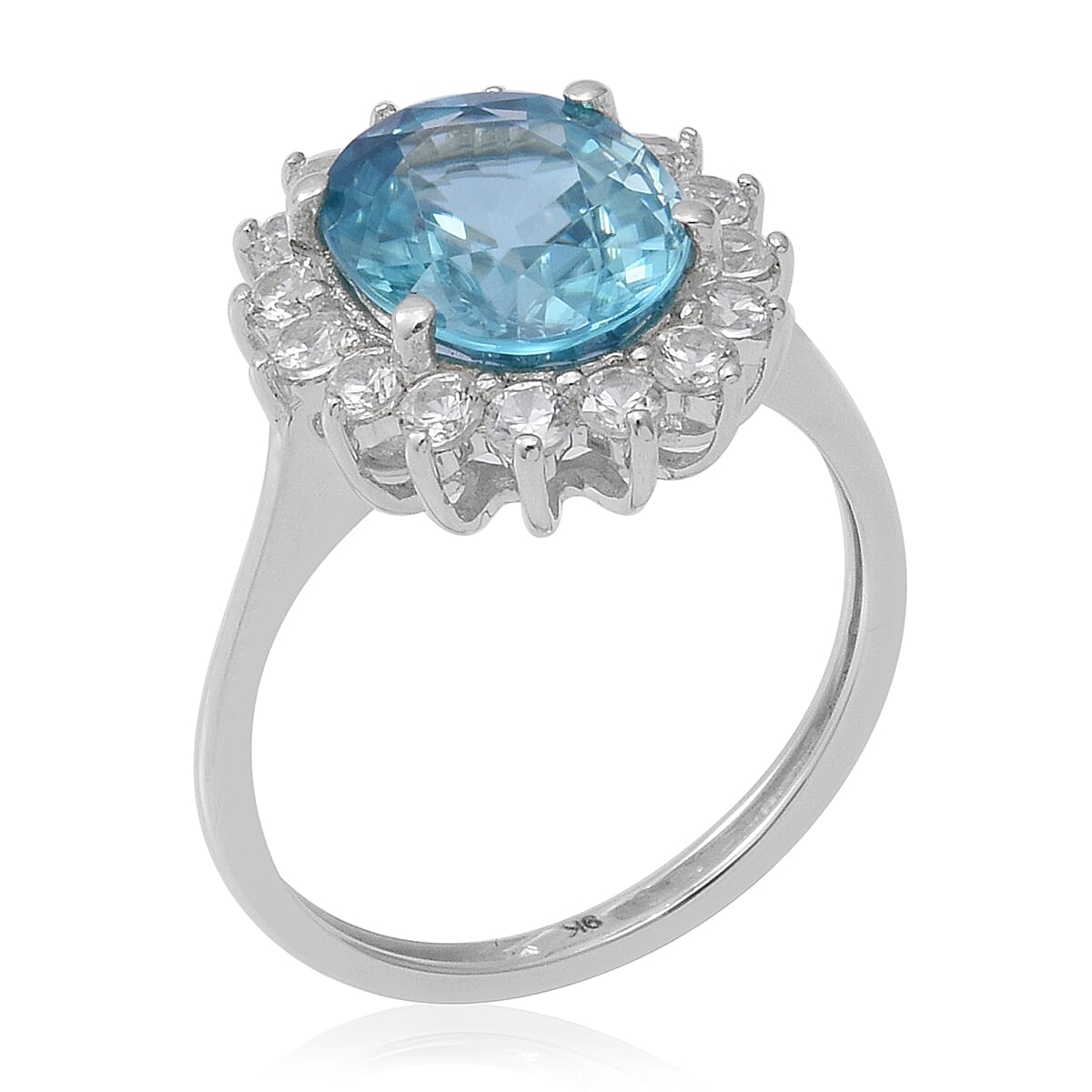 9K White Gold Ratanakiri Blue Zircon and Natural White Zircon Floral Halo Ring 5.00 Ct.