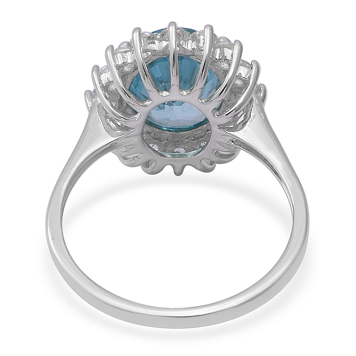 9K White Gold Ratanakiri Blue Zircon and Natural White Zircon Floral Halo Ring 5.00 Ct.