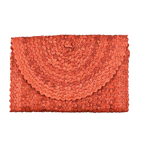 Bali Collection Palm Leaf Sisik Pattern Woven Clutch Bag (Size-26x16Cm) - Orange