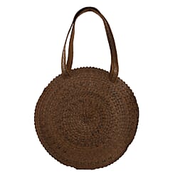 Bali Collection Palm Leaf Sisik Pattern Woven Round Bag with Leather Strap - Brown
