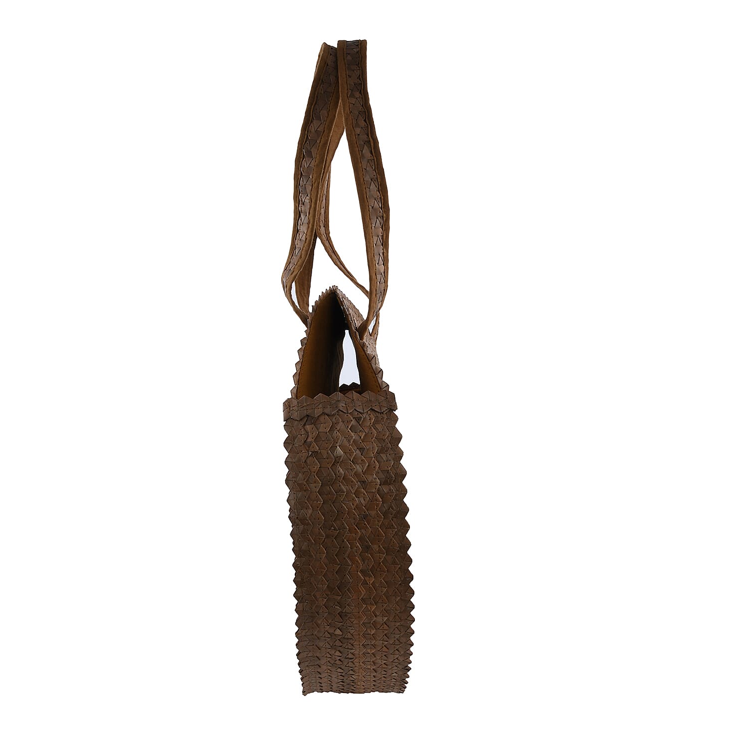Bali Collection Palm Leaf Sisik Pattern Woven Round Bag with Leather Strap - Brown