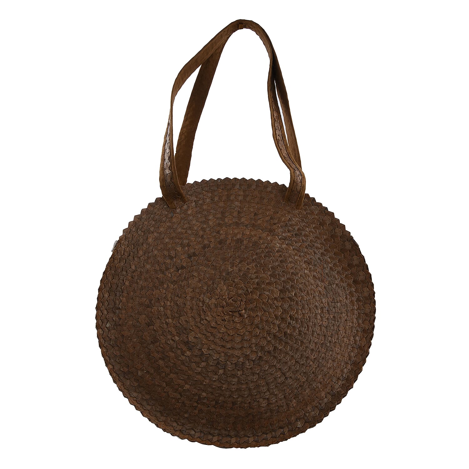Bali Collection Palm Leaf Sisik Pattern Woven Round Bag with Leather Strap - Brown