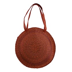 Bali Collection Palm Leaf Sisik Pattern Woven Round Bag with Leather Strap - Orange
