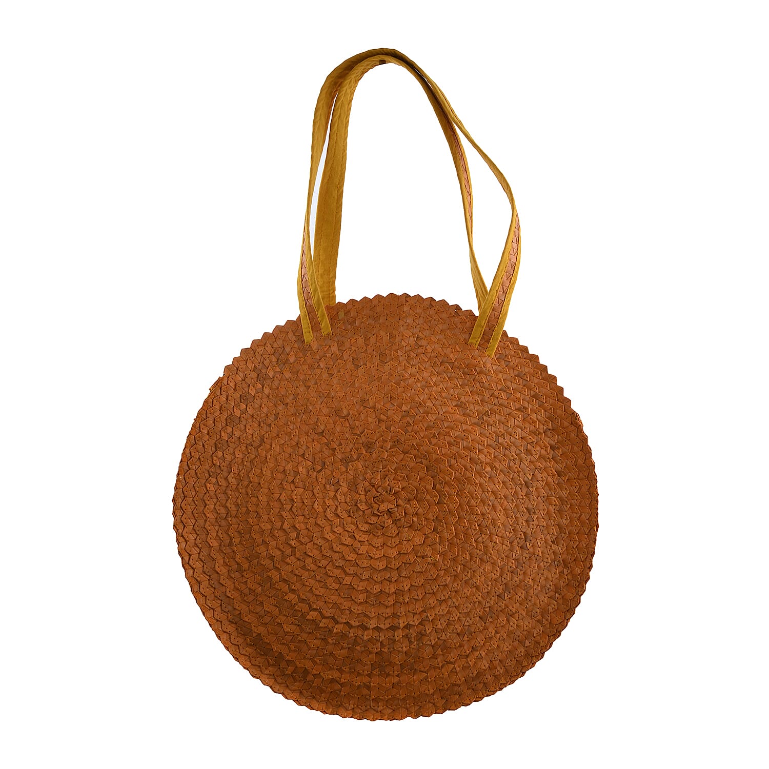 Bali Collection Palm Leaf Sisik Pattern Woven Round Bag with Leather Strap - Brown