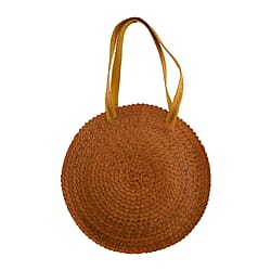 Bali Collection Palm Leaf Sisik Pattern Woven Round Bag with Leather Strap - Yellow