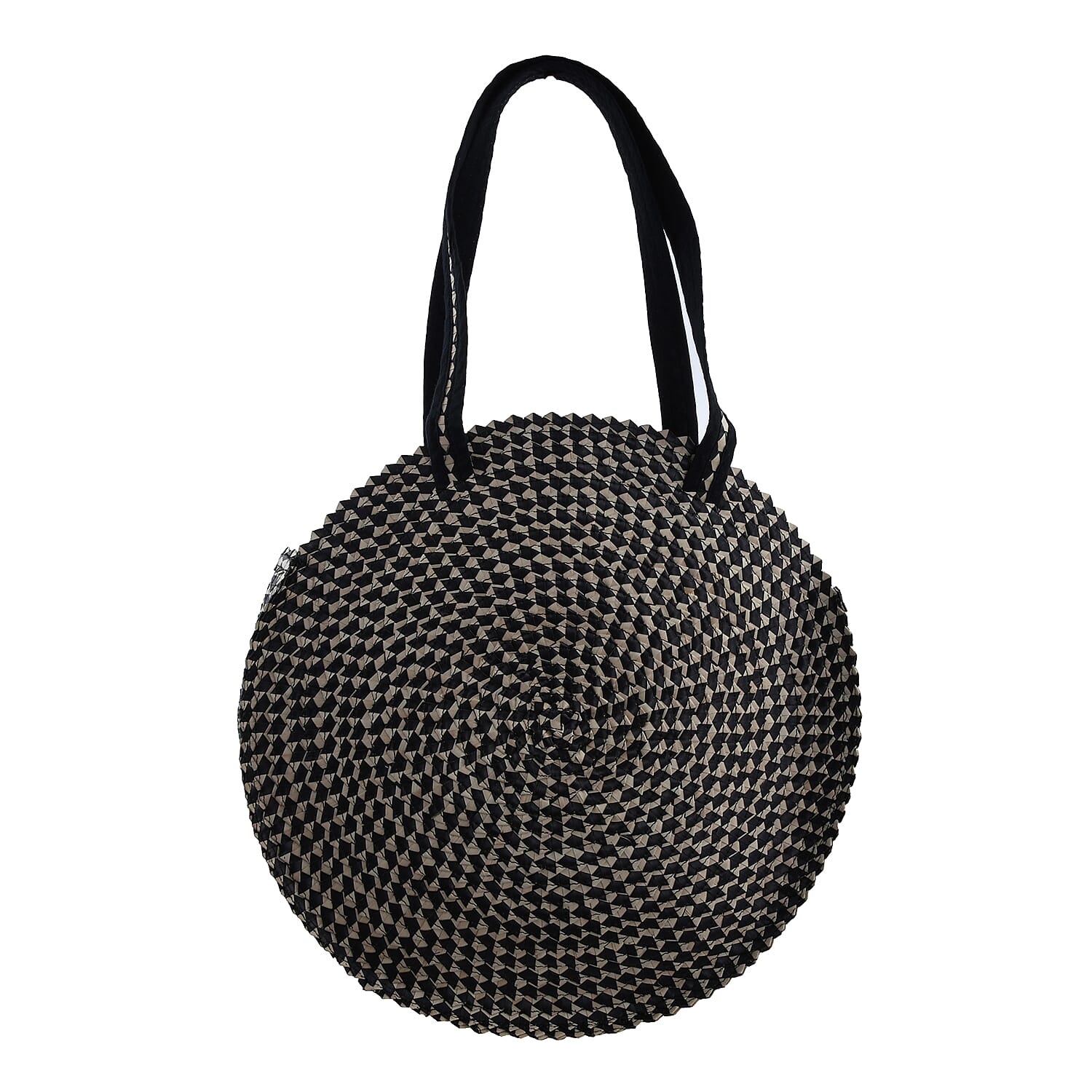 Bali Collection Palm Leaf Sisik Pattern Woven Round Bag with Leather Strap (Size-39x37x5Cm) - Black & Beige