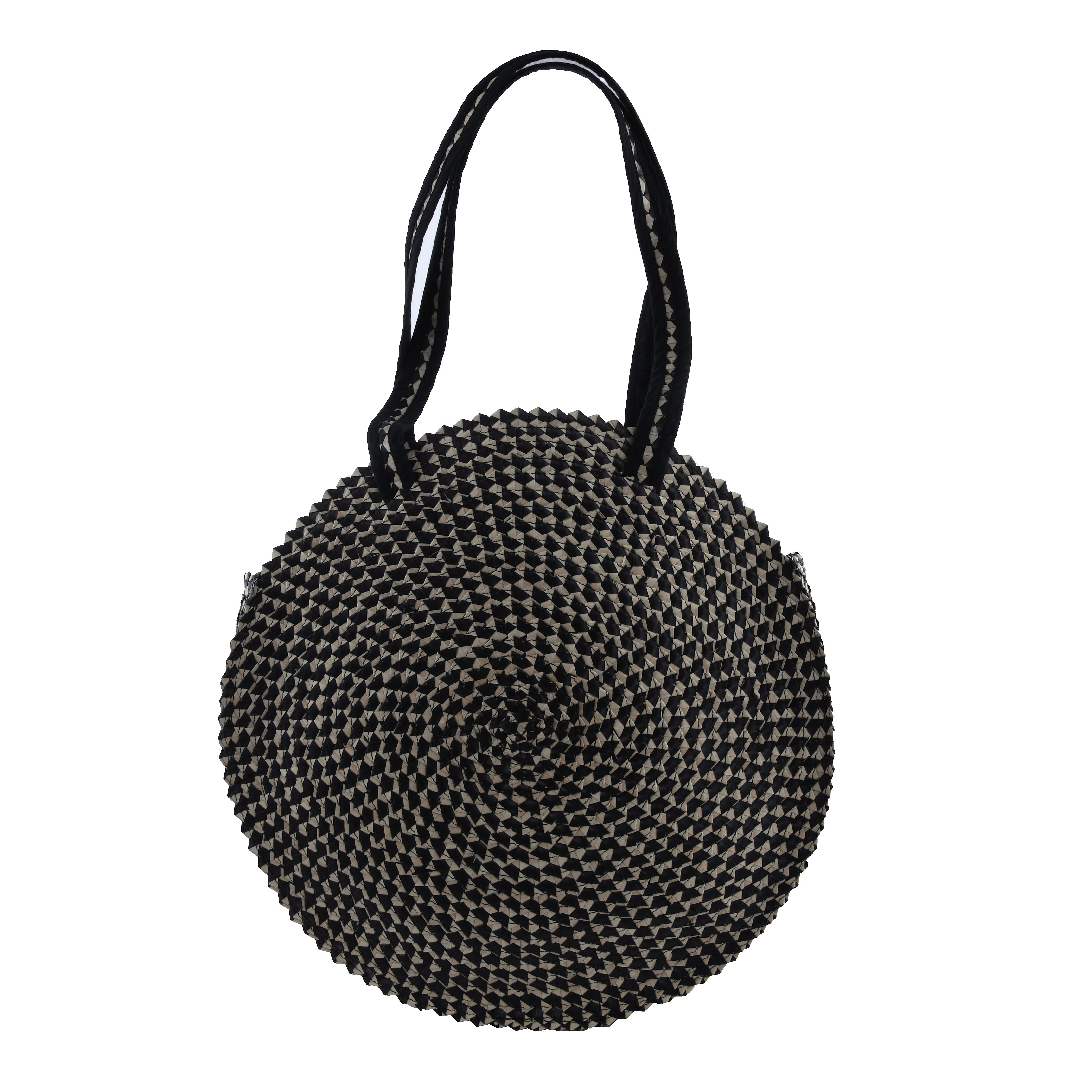 Bali Collection Palm Leaf Sisik Pattern Woven Round Bag with Leather Strap (Size-39x37x5Cm) - Black & Beige