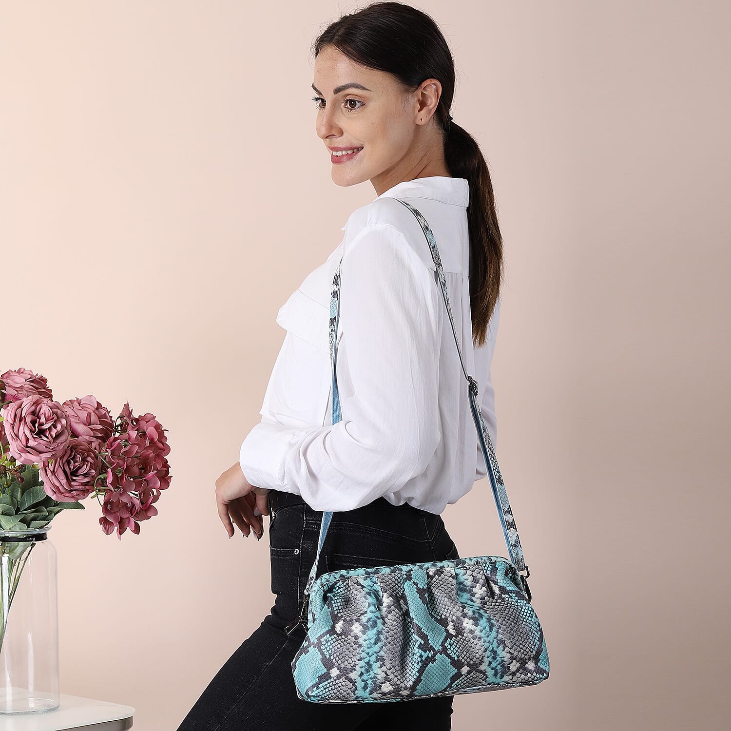 SENCILLEZ Genuine Leather Snake Skin Pattern Clutch Bag with Detachable Shoulder Strap and Zipper Closure - Teal and Khaki