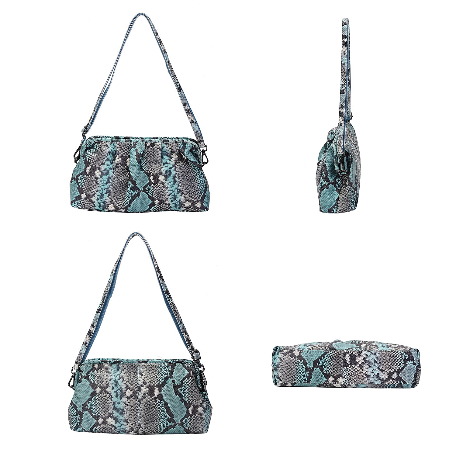 SENCILLEZ Genuine Leather Snake Skin Pattern Clutch Bag with Detachable Shoulder Strap and Zipper Closure - Teal and Khaki