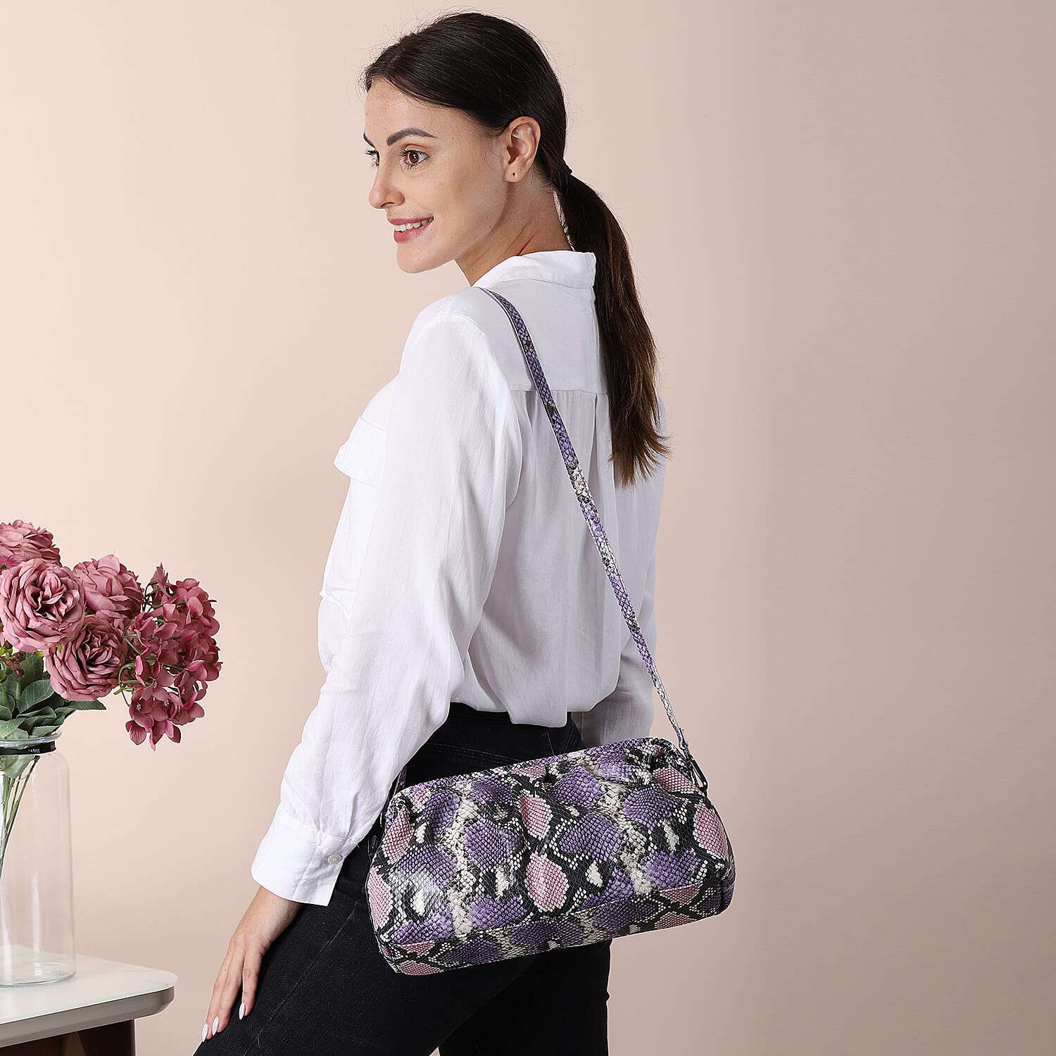 SENCILLEZ 100% Genuine Leather Snake Skin Pattern Clutch Bag with Detachable Shoulder Strap and Zipper Closure (Size 31x18x9 Cm) - Purple