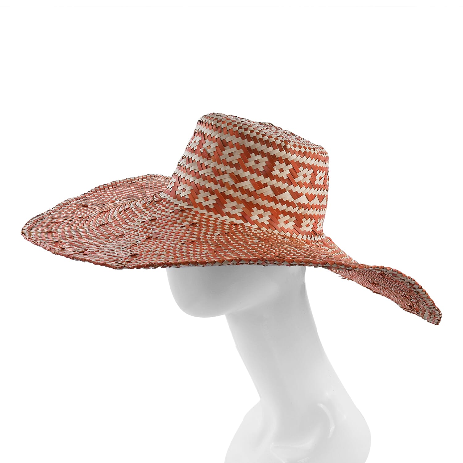 Bali Collection Woven Nature Pattern Pandan Beach Hat - Orange & Beige