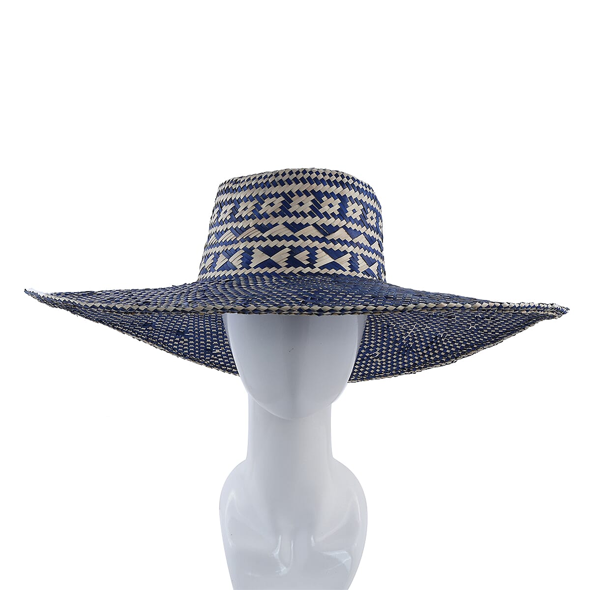 Bali Collection Woven Nature Pattern Pandan Beach Hat - Blue & Beige