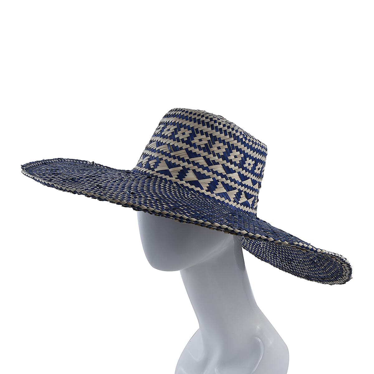 Bali Collection Woven Nature Pattern Pandan Beach Hat - Blue & Beige