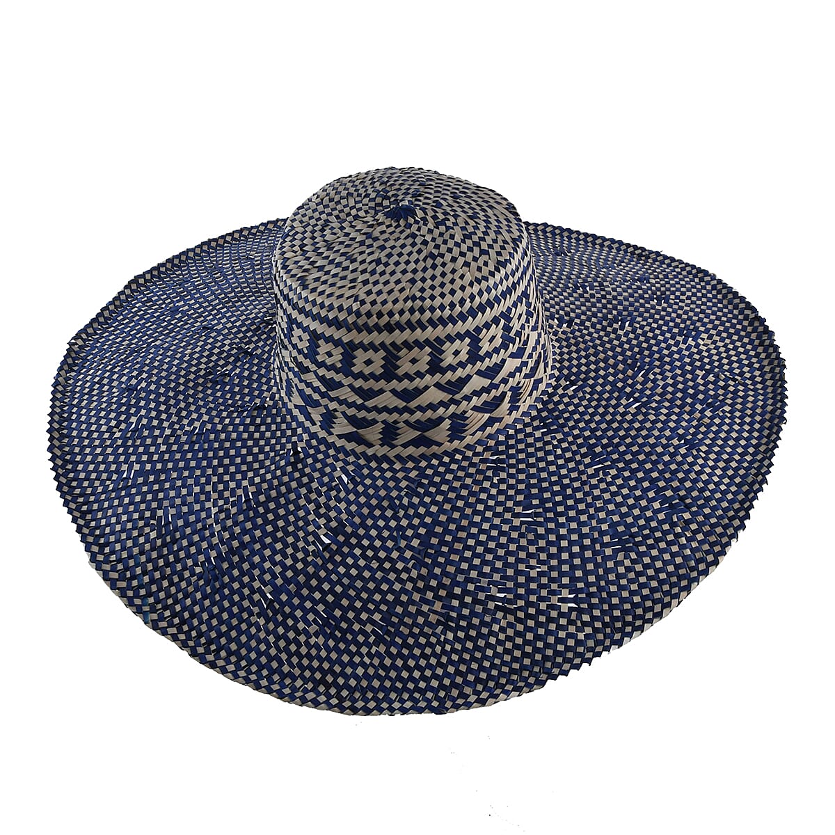 Bali Collection Woven Nature Pattern Pandan Beach Hat - Blue & Beige