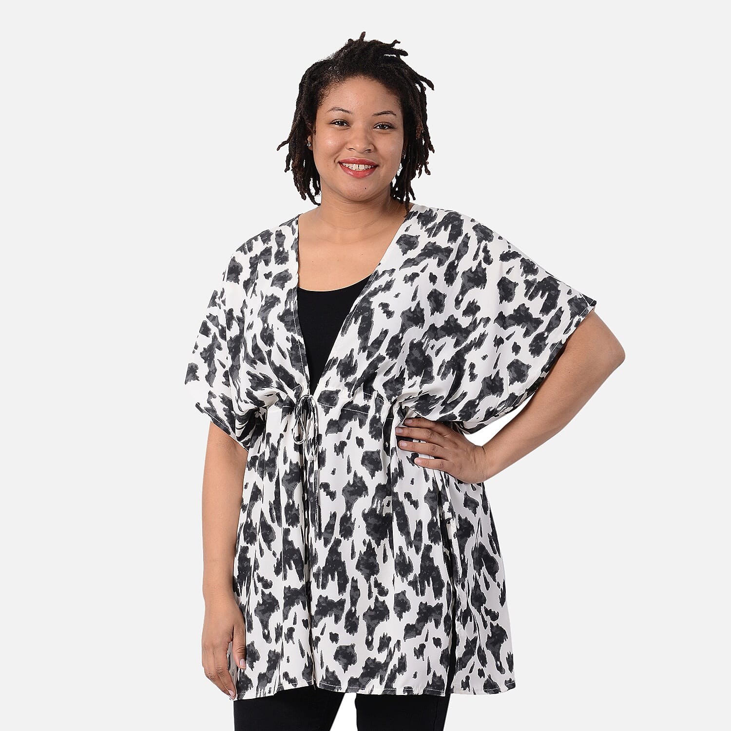 Leopard Pattern Kimono with Waist Belt (One Size) - White - Black