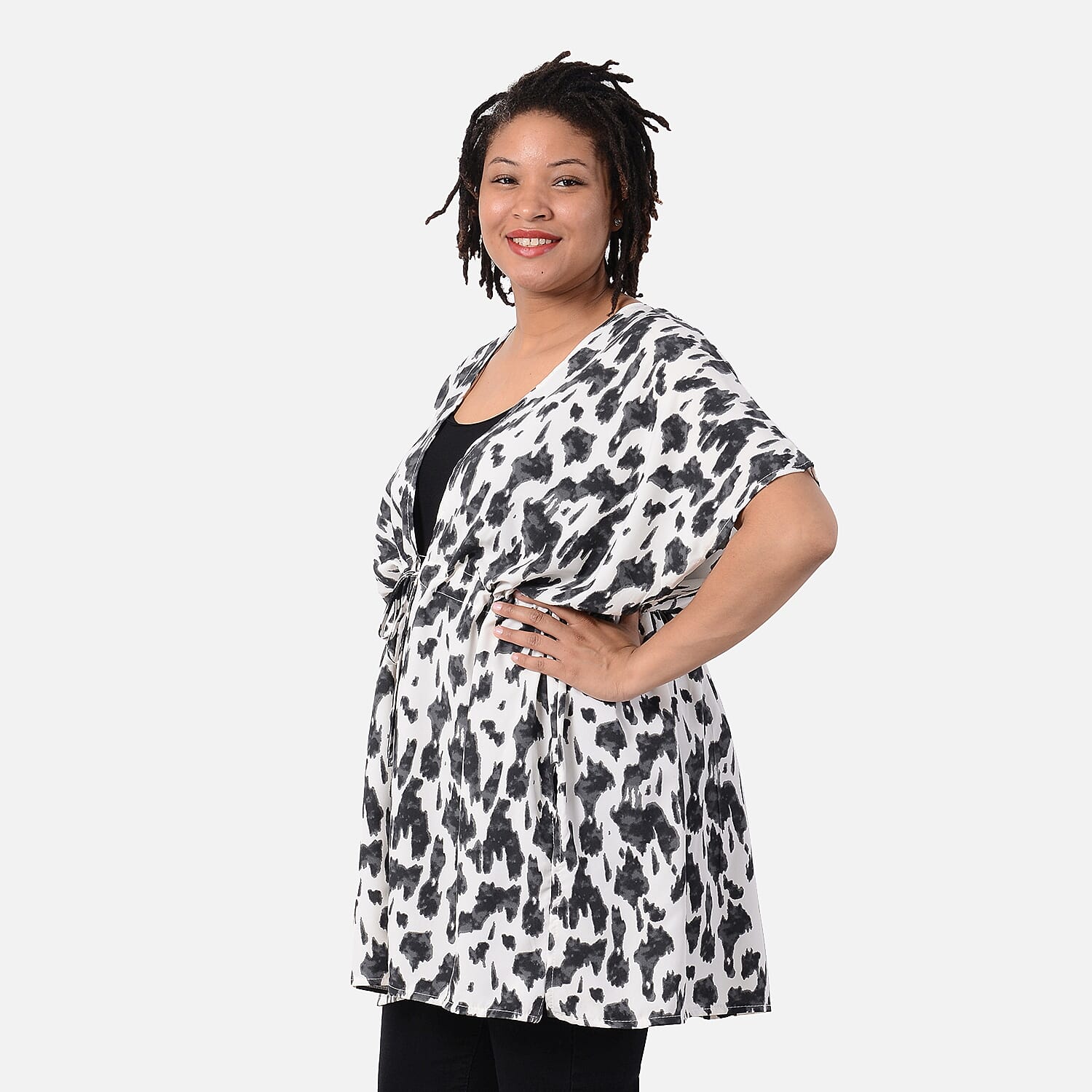 Leopard Pattern Kimono with Waist Belt (One Size) - White - Black