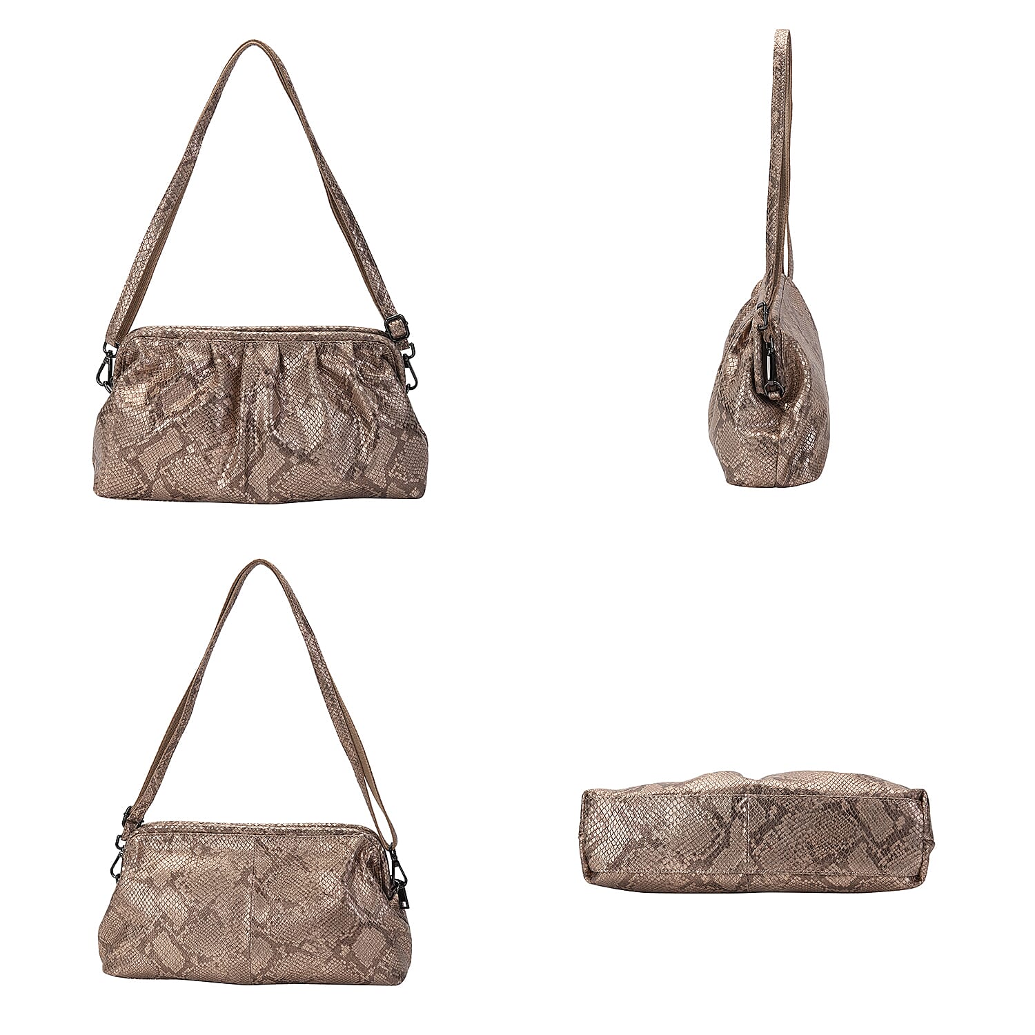 SENCILLEZ 100% Genuine Leather Snake Skin Pattern Clutch Bag with Detachable Shoulder Strap and Zipper Closure (Size 31x18.5x9 Cm) - Champagne