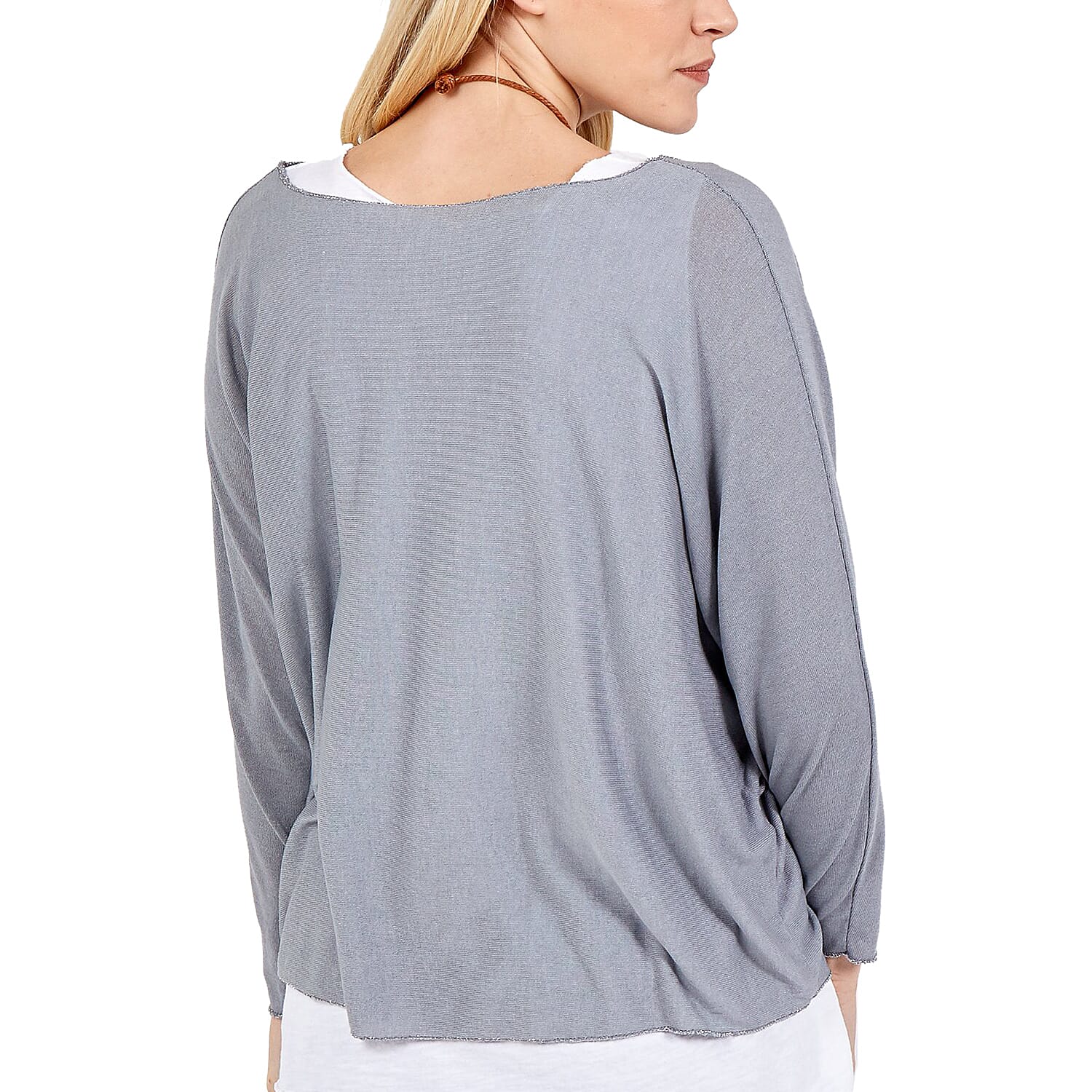 Made in Italy- NOVA of the London Long Sleeve Top in Grey and White Colour (Size up to 16) with Necklace