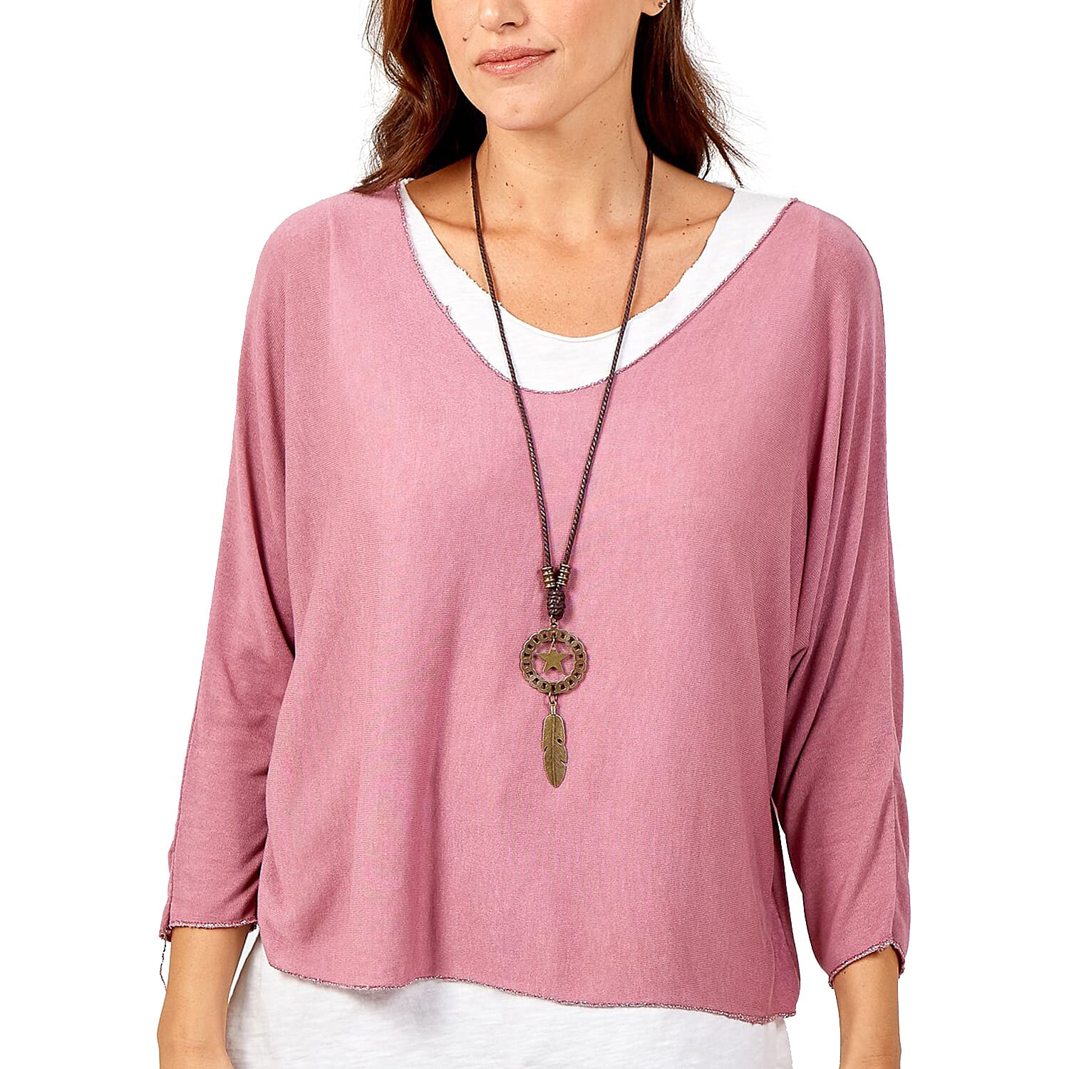 Made in Italy- NOVA of the London Long Sleeve Cotton Top in Rose and White Colour (Size up to 16) with Necklace