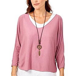 Made in Italy- NOVA of the London Long Sleeve Cotton Top in Rose and White Colour (Size up to 16) with Necklace