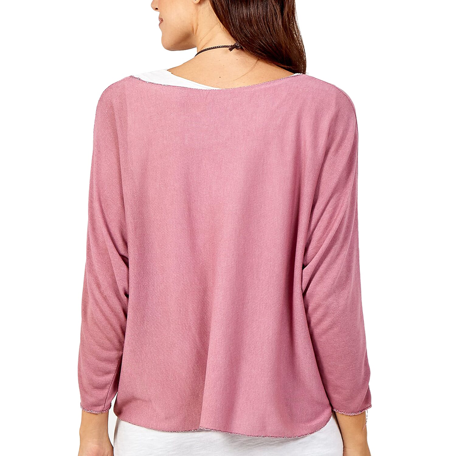 Made in Italy- NOVA of the London Long Sleeve Cotton Top in Rose and White Colour (Size up to 16) with Necklace
