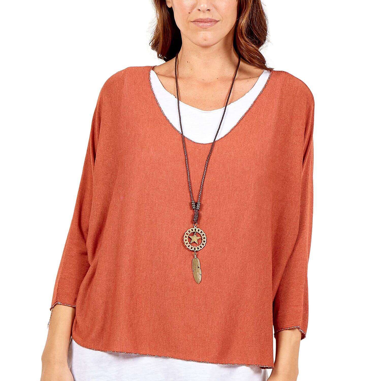 Made in Italy- NOVA of the London Long Sleeve Top in Terracota Tea and White Colour (Size up to 16) with Necklace