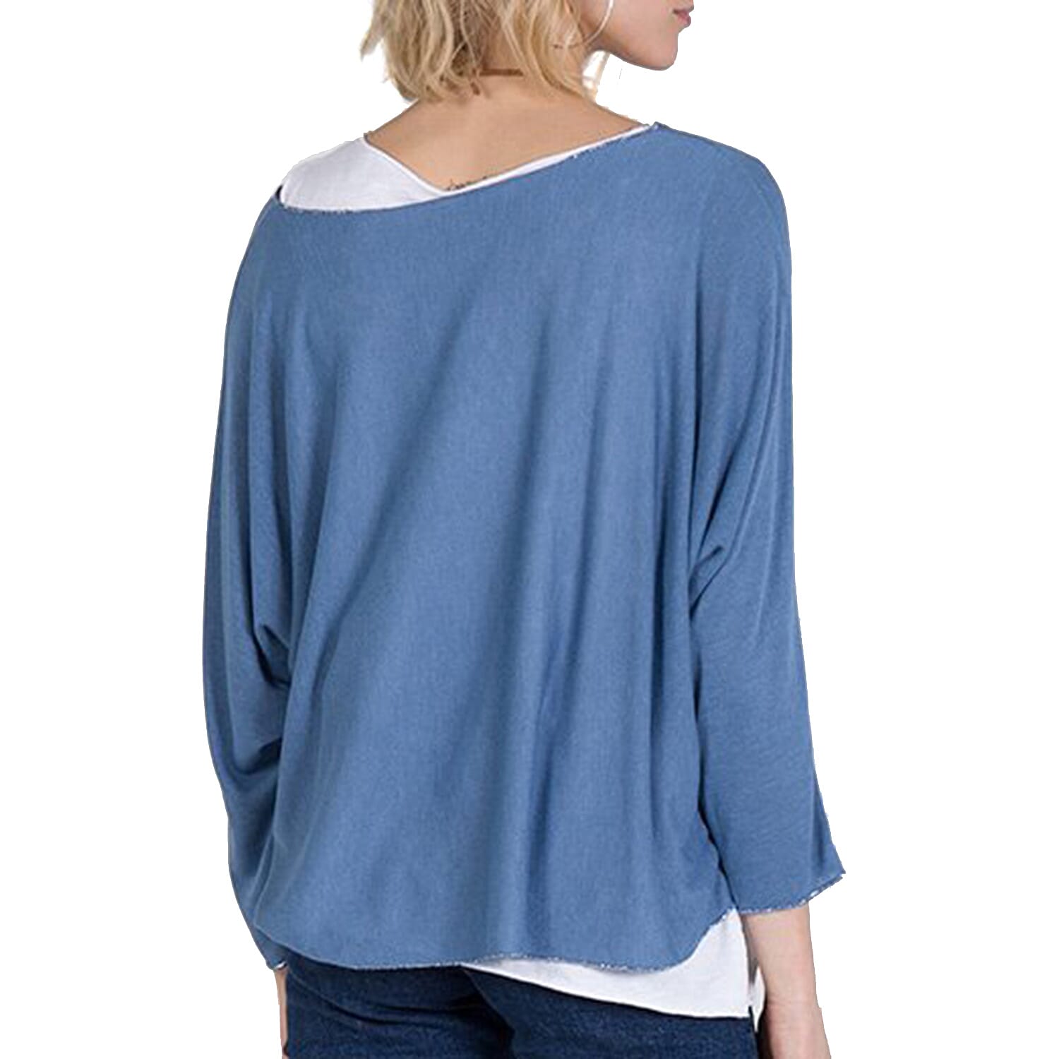 Made in Italy- NOVA of the London Long Sleeve Top in Denim Blue and White Colour (Size up to 16) with Necklace