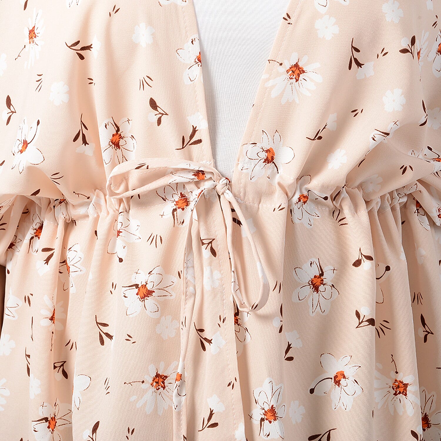 Floral Pattern Shirt with Waist Belt (One Size) - Beige