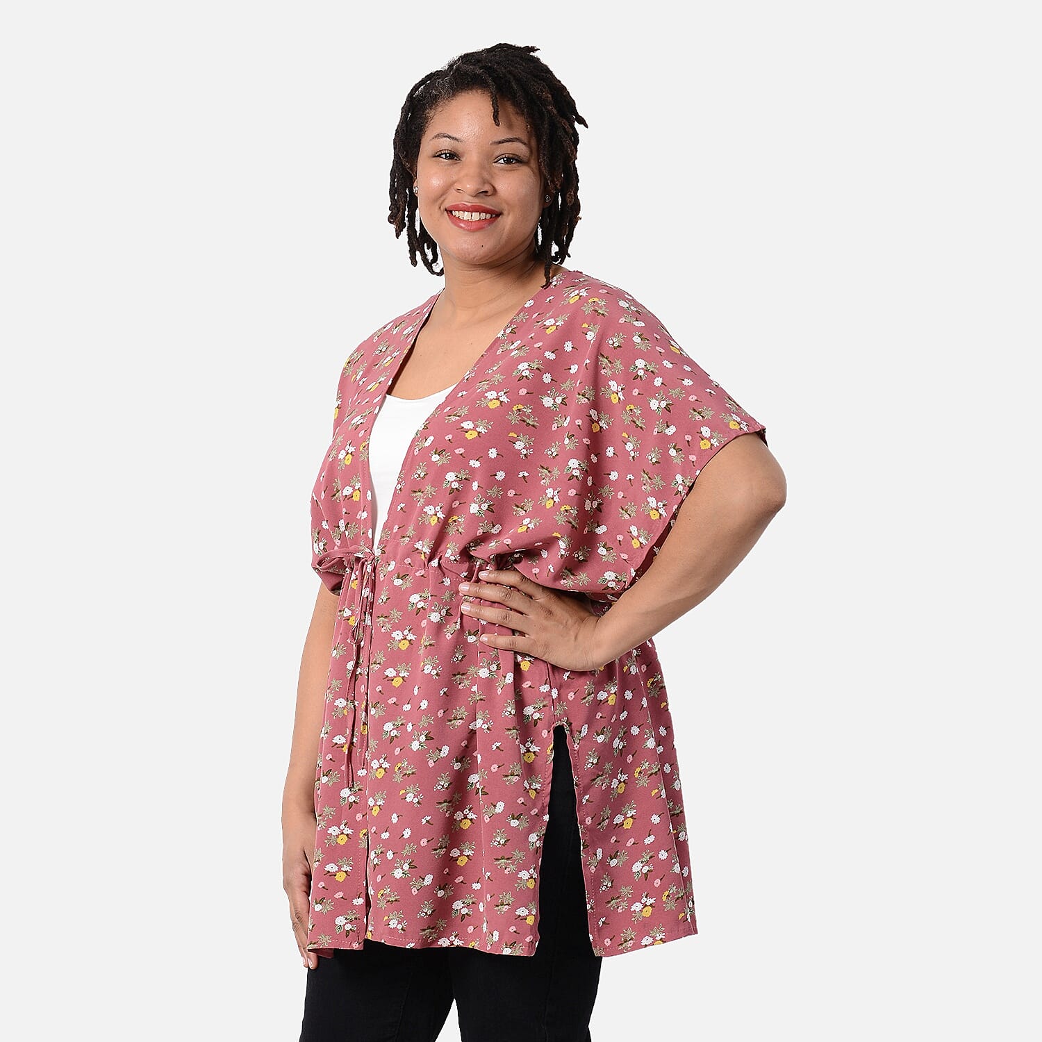 Floral Pattern Shirt with Waist Belt (One Size) - Pink