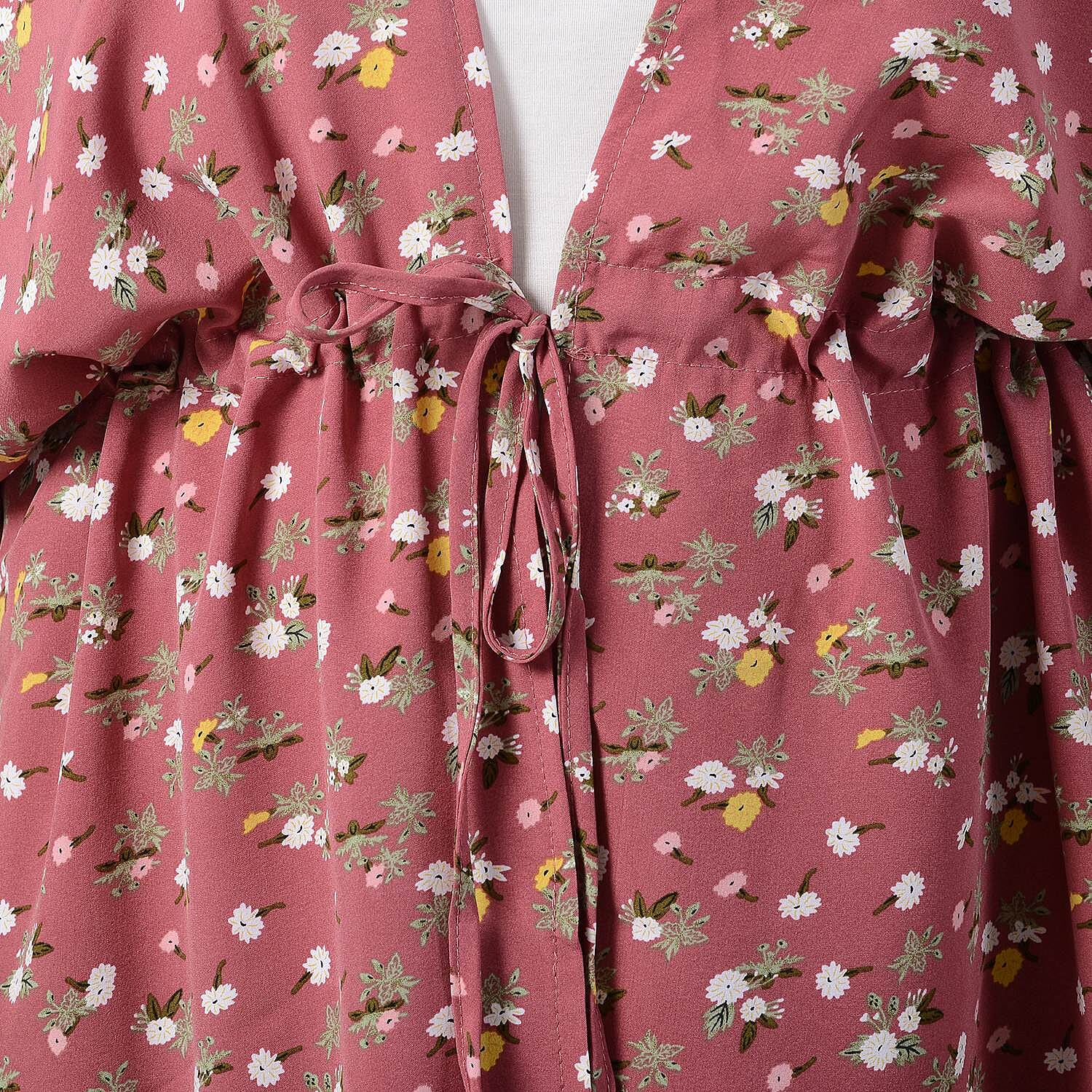 Floral Pattern Shirt with Waist Belt (One Size) - Pink