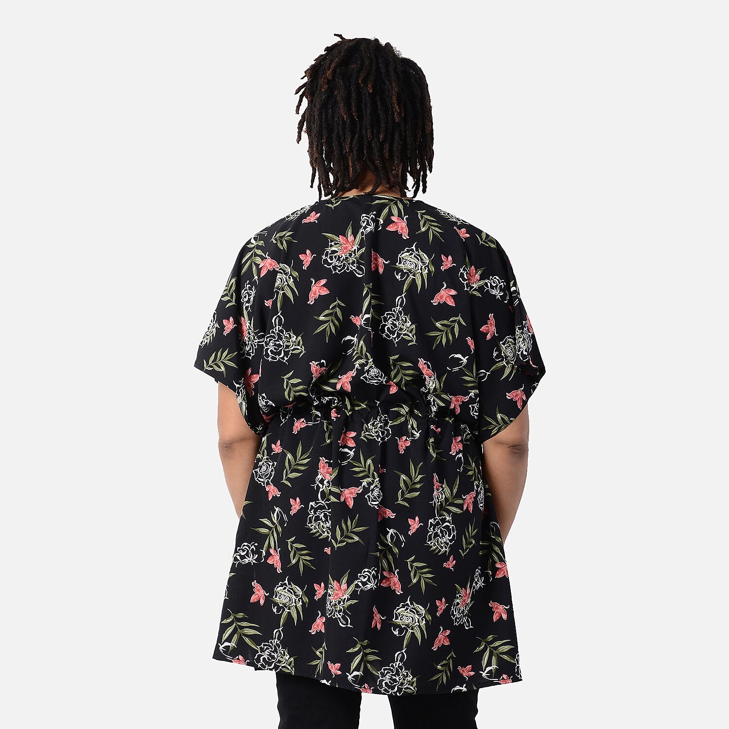 Floral Pattern Spring Top with Waist Belt (One Size) - Black