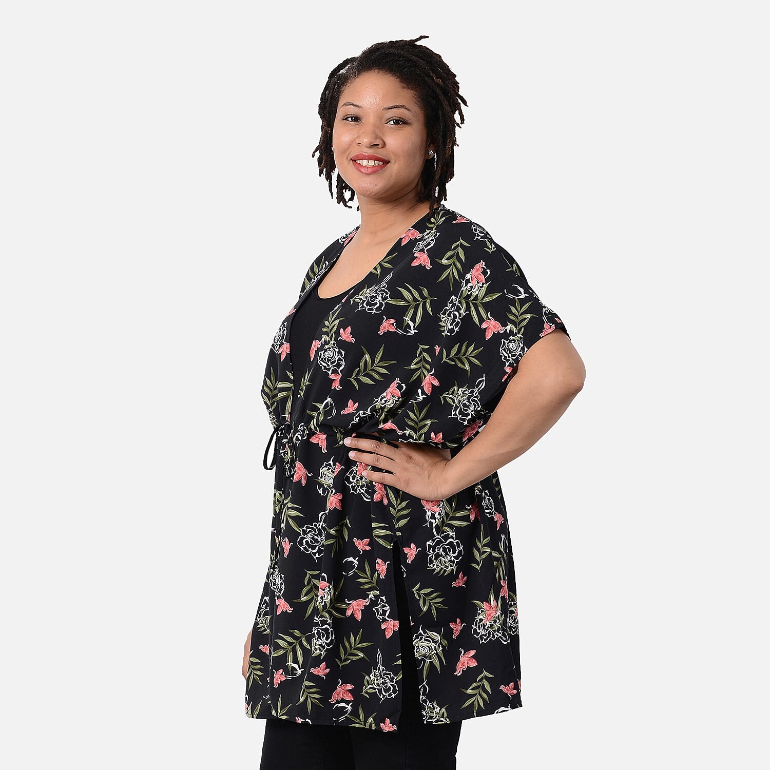 Floral Pattern Spring Top with Waist Belt (One Size) - Black