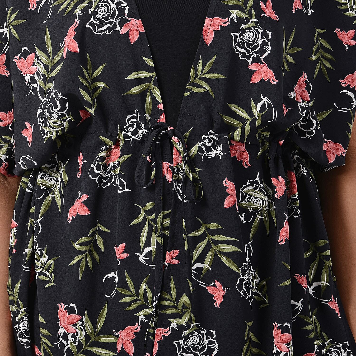 Floral Pattern Spring Top with Waist Belt (One Size) - Black