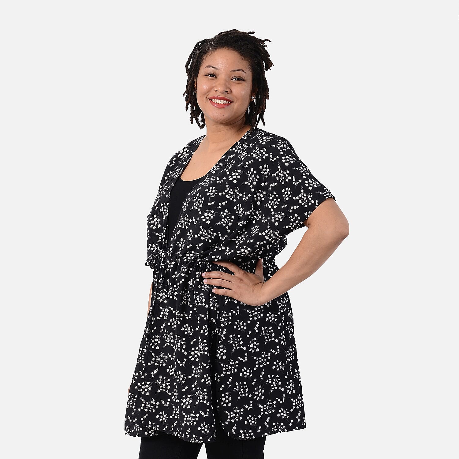 Dot Pattern Spring Time Top with Waist Belt (One Size) - Black