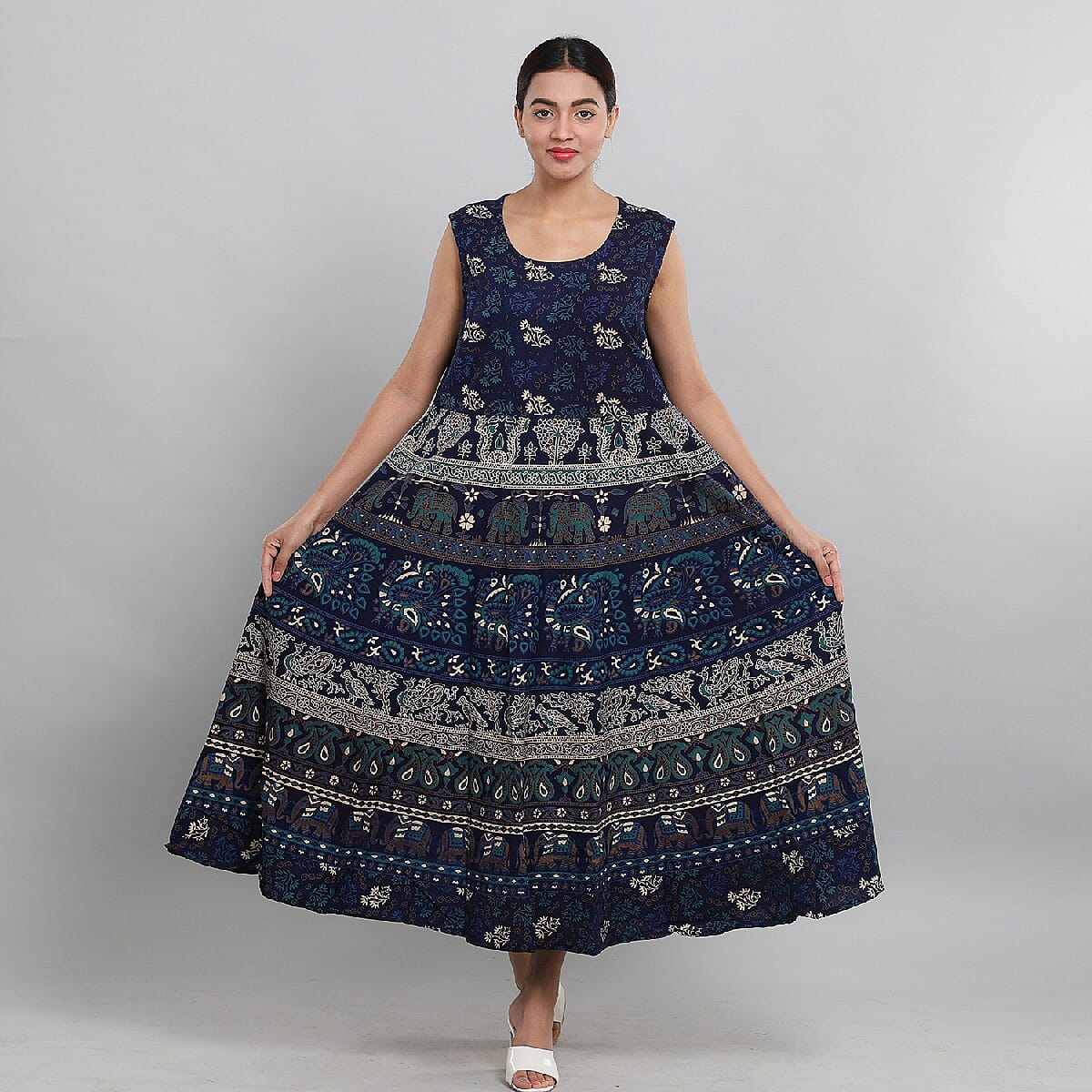 100% Cotton Mandala Print Dress - Blue