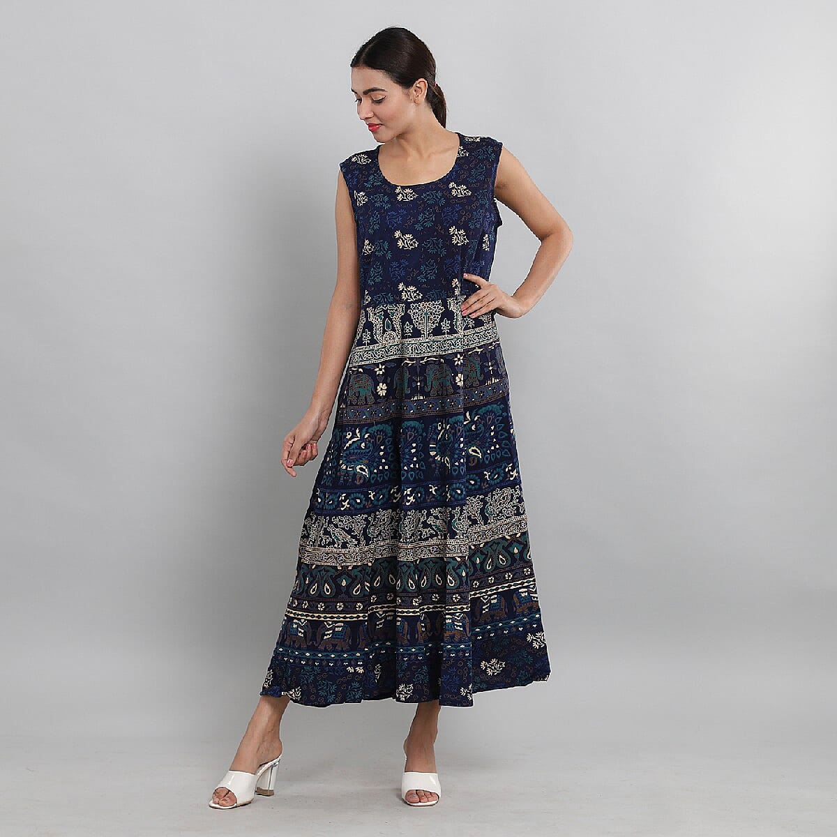 100% Cotton Mandala Print Dress - Blue