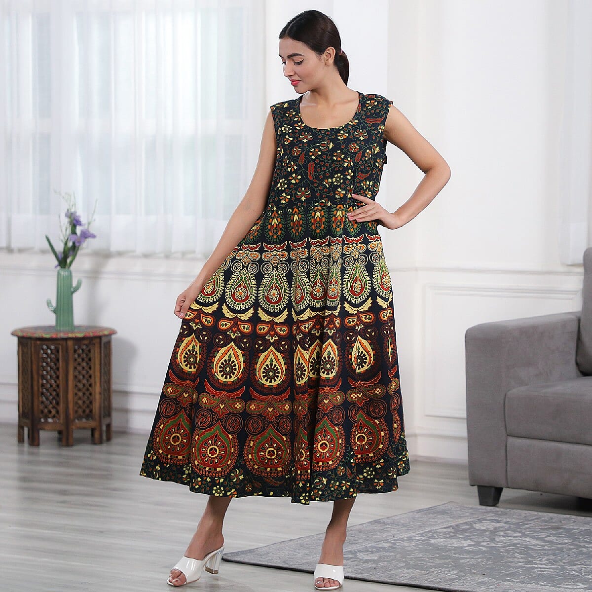 100% Cotton Mandala Print Dress - Blue