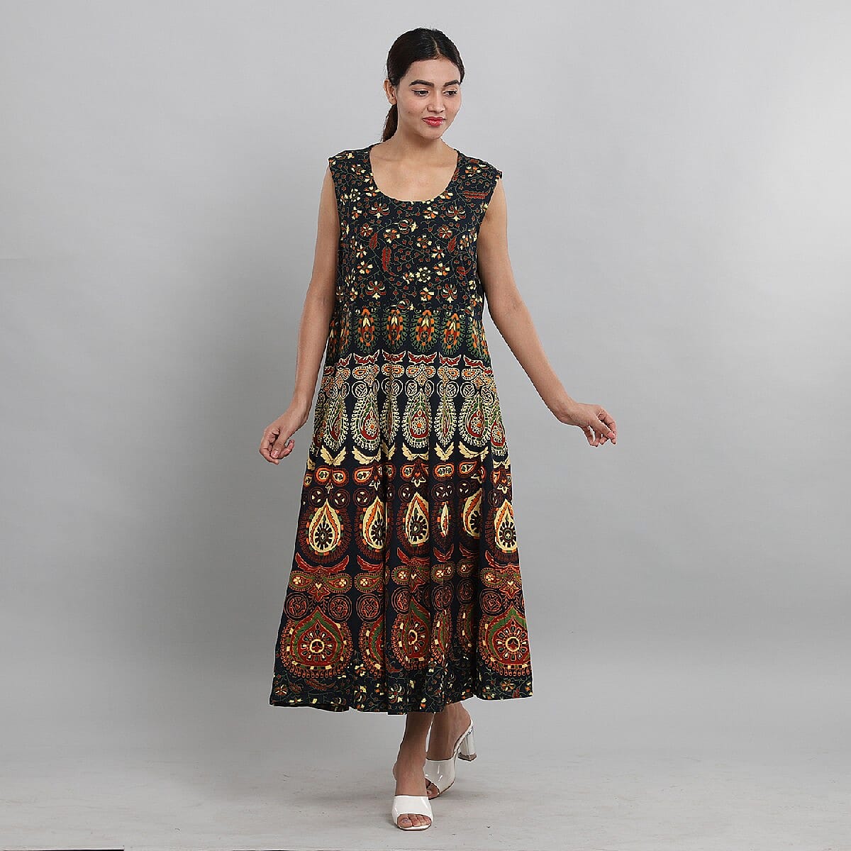 100% Cotton Mandala Print Dress - Blue