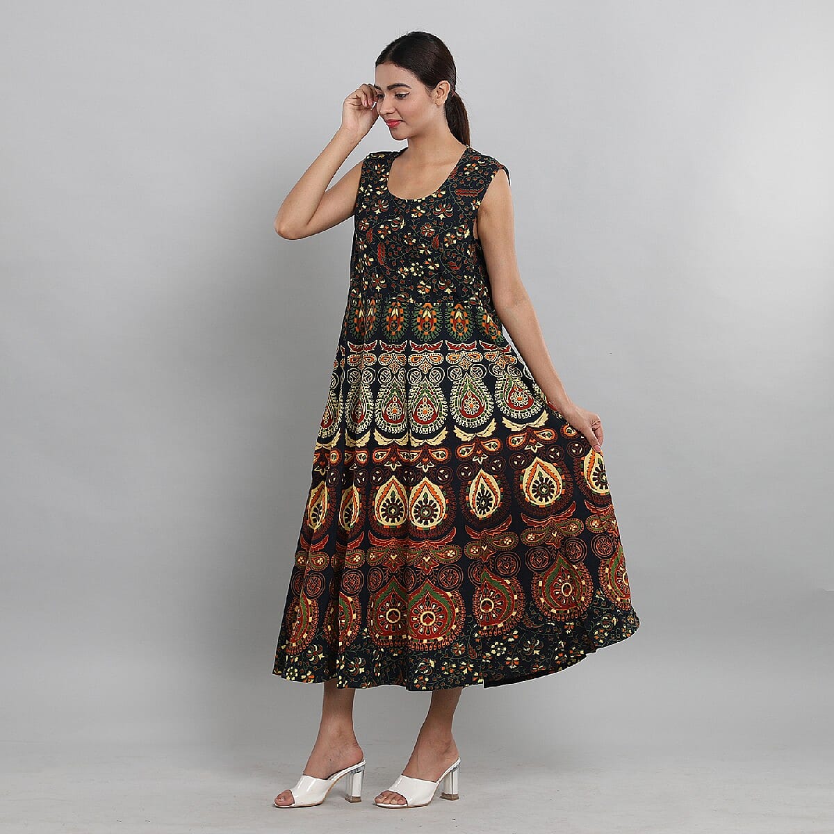 100% Cotton Mandala Print Dress - Blue