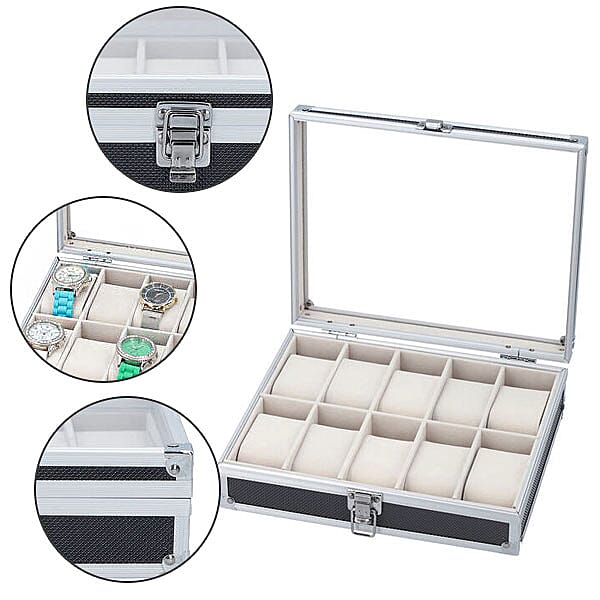 Eight Slot Padded Watch Box with Transparent Window and Lock (Size 21.5x20x8cm) - Black