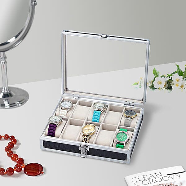 Eight Slot Padded Watch Box with Transparent Window and Lock (Size 21.5x20x8cm) - Black