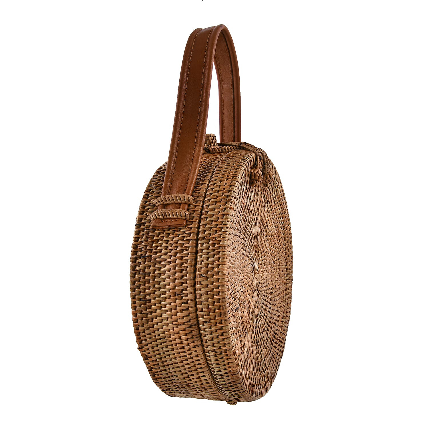 rounded rattan bag with leather strap